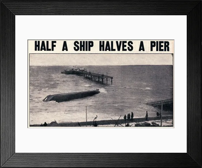 Framed Print : Deal Pier struck and severely damaged by a mined Dutch coaster, the Nora, in January 1940 Framed Print : Deal Pier struck and severely damaged by a mined Dutch coaster, the Nora, in January 1940