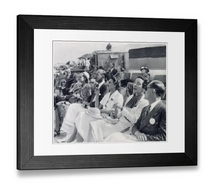 Framed Print : Vice President of Lympe Flying Club, Noel Coward, pictured there with, from left, Mr. Jack Wilson, Princess Paley, Coward, Joyce Carey, Gladys Calthrop (his set designer, creative collaborator and friend) and Alan Webb. Date: 1936 Framed Print : Vice President of Lympe Flying Club, Noel Coward, pictured there with, from left, Mr. Jack Wilson, Princess Paley, Coward, Joyce Carey, Gladys Calthrop (his set designer, creative collaborator and friend) and Alan Webb. Date: 1936
