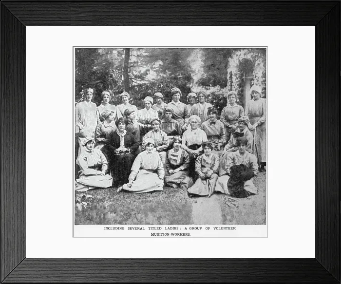Framed Print : Photograph showing some of the society volunteers, several titled Ladies, that helped in the war effort in the factory at the Vickers munitions, Erith in Kent. Date: 1915 Framed Print : Photograph showing some of the society volunteers, several titled Ladies, that helped in the war effort in the factory at the Vickers munitions, Erith in Kent. Date: 1915