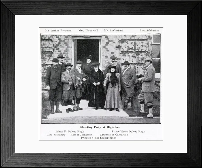 Framed Print : A shooting party at Highclere Castle, with participants from left to right, Lord Westbury, Prince F. Duleep Singh, the Earl of Carnarvon, Princess Victor Duleep Singh, the Countess of Carnarvon and Prince Victor Duleep Singh. Date: 1906 Framed Print : A shooting party at Highclere Castle, with participants from left to right, Lord Westbury, Prince F. Duleep Singh, the Earl of Carnarvon, Princess Victor Duleep Singh, the Countess of Carnarvon and Prince Victor Duleep Singh. Date: 1906
