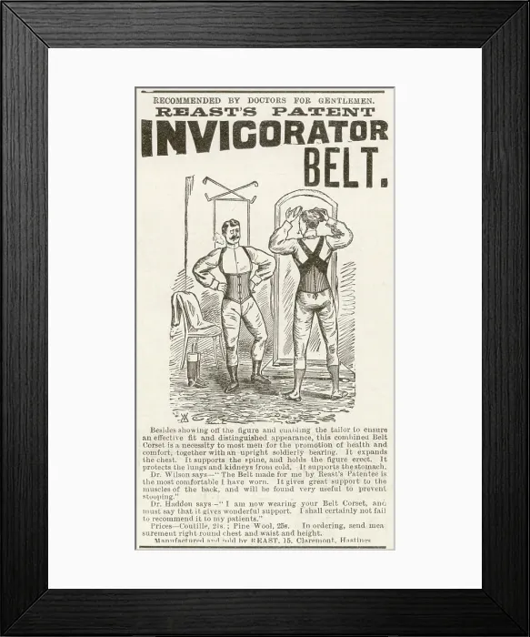 Framed Print : Advertisement for Reast's Patent Invigorator Belt - recommended by Doctors for Gentlemen Date: 1894 Framed Print : Advertisement for Reast's Patent Invigorator Belt - recommended by Doctors for Gentlemen Date: 1894