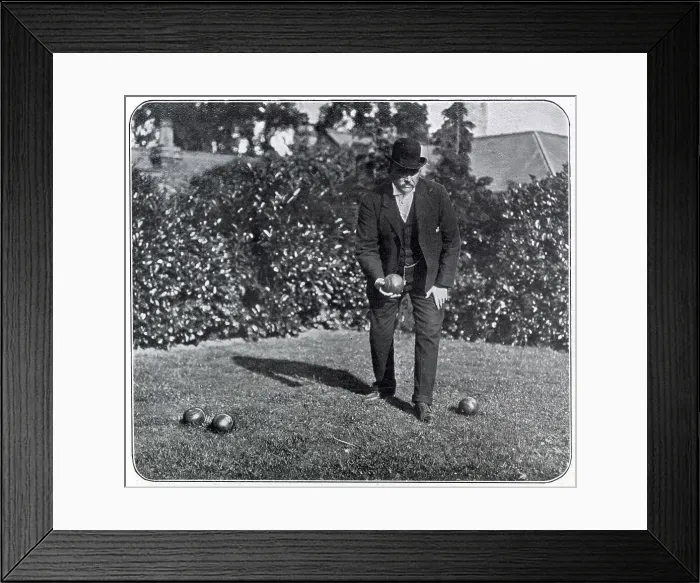 Framed Print : Mr William I'Anson, racehorse trainer, pictured practising on the bowling lawn at Highfield House, Malton, Yorkshire. Date: 1906 Framed Print : Mr William I'Anson, racehorse trainer, pictured practising on the bowling lawn at Highfield House, Malton, Yorkshire. Date: 1906