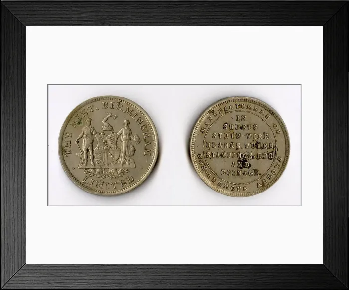 Framed Print : Birmingham Mint coin, advertising token, copper nickel - manufacturers of non-ferrous alloys (back and front). Date: circa 1900 Framed Print : Birmingham Mint coin, advertising token, copper nickel - manufacturers of non-ferrous alloys (back and front). Date: circa 1900