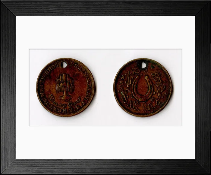 Framed Print : White Brothers & Company bronze coin, advertising token, Boston USA - Willow Calf, with horseshoe design and pseudo-Arabic inscriptions on the reverse Framed Print : White Brothers & Company bronze coin, advertising token, Boston USA - Willow Calf, with horseshoe design and pseudo-Arabic inscriptions on the reverse