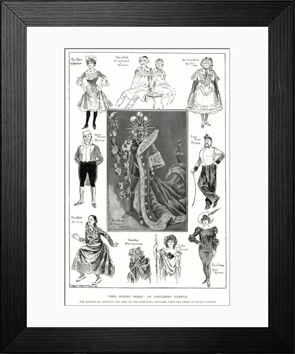 Framed Print : Sketches by Ralph Cleaver of principals taking part in the pantomime Red Riding Hood at Anglesey Castle. Central is Henry Cyril Paget, 5th Marquis of Anglesey as Boy Blue Framed Print : Sketches by Ralph Cleaver of principals taking part in the pantomime Red Riding Hood at Anglesey Castle. Central is Henry Cyril Paget, 5th Marquis of Anglesey as Boy Blue