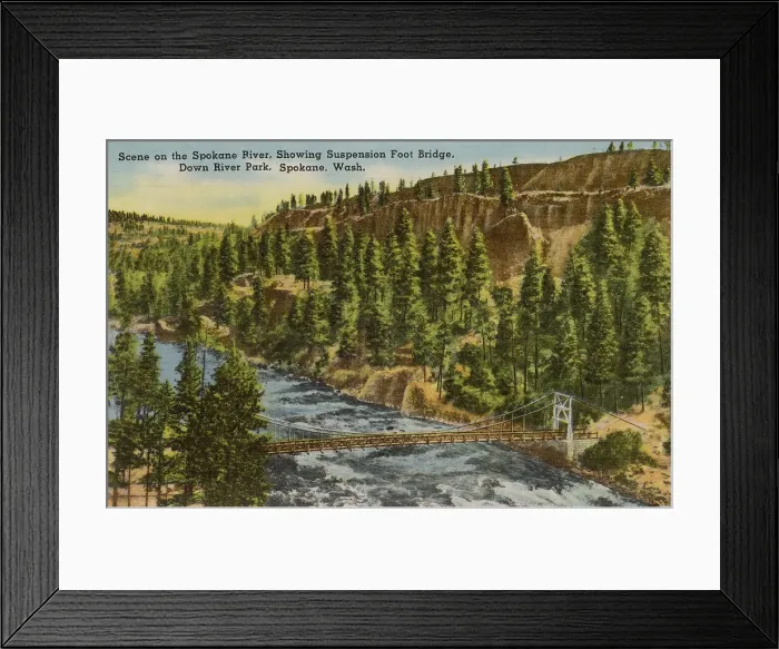 Framed Print : Spokane River with Suspension Foot Bridge, Down River Park, Spokane, Washington State, USA Date: circa 1940 Framed Print : Spokane River with Suspension Foot Bridge, Down River Park, Spokane, Washington State, USA Date: circa 1940