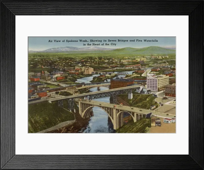 Framed Print : Aerial view of Spokane, Washington State, USA, showing seven bridges and five waterfalls in the heart of the city Date: circa 1940 Framed Print : Aerial view of Spokane, Washington State, USA, showing seven bridges and five waterfalls in the heart of the city Date: circa 1940