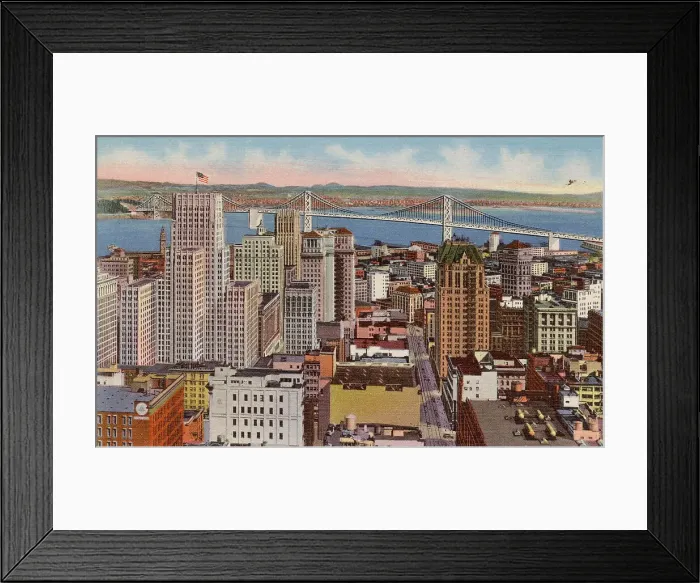Framed Print : Skyscrapers overlooking the bay towards Oakland, Berkeley, Alameda Shore, with Oakland Bay Bridge, San Francisco, California, USA Date: 1936 Framed Print : Skyscrapers overlooking the bay towards Oakland, Berkeley, Alameda Shore, with Oakland Bay Bridge, San Francisco, California, USA Date: 1936