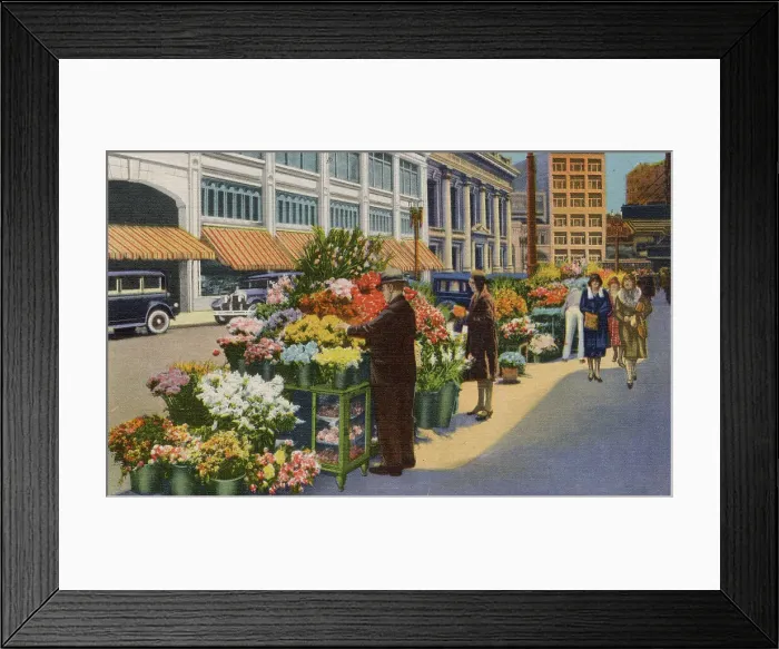 Framed Print : Street flower vendors, San Francisco, California, USA Date: 1936 Framed Print : Street flower vendors, San Francisco, California, USA Date: 1936