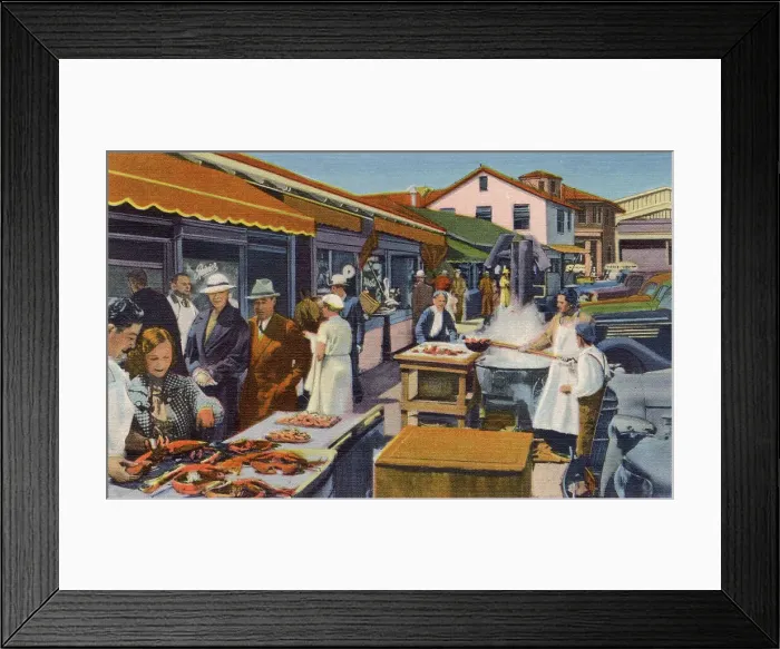 Framed Print : Outdoor fish markets and seafood restaurants, Fisherman's Wharf, San Francisco, California, USA Date: 1936 Framed Print : Outdoor fish markets and seafood restaurants, Fisherman's Wharf, San Francisco, California, USA Date: 1936
