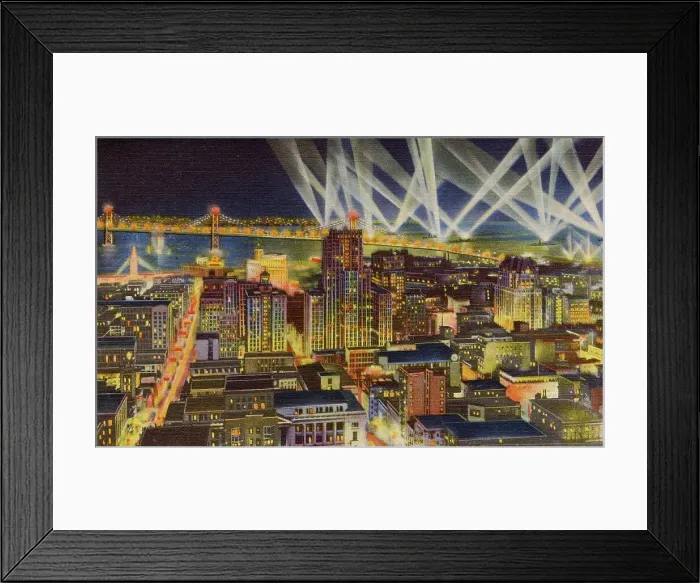 Framed Print : Oakland Bay Bridge and San Francisco at night, with battleship searchlights, and Berkeley and Alameda in the distance, California, USA Date: 1936 Framed Print : Oakland Bay Bridge and San Francisco at night, with battleship searchlights, and Berkeley and Alameda in the distance, California, USA Date: 1936