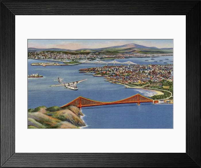 Framed Print : Golden Gate Bridge and Oakland Bay Bridge, business district of San Francisco, California, USA, with Oakland, Berkeley, Alameda and East Bay cities in the distance Date: 1936 Framed Print : Golden Gate Bridge and Oakland Bay Bridge, business district of San Francisco, California, USA, with Oakland, Berkeley, Alameda and East Bay cities in the distance Date: 1936