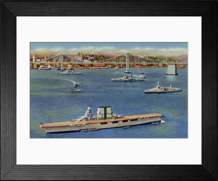 Framed Print : Oakland Bay Bridge and three US battleships at anchor, San Francisco, California, USA - in the foreground is USS Saratoga, CV3 aircraft carrier Date: 1936 Framed Print : Oakland Bay Bridge and three US battleships at anchor, San Francisco, California, USA - in the foreground is USS Saratoga, CV3 aircraft carrier Date: 1936