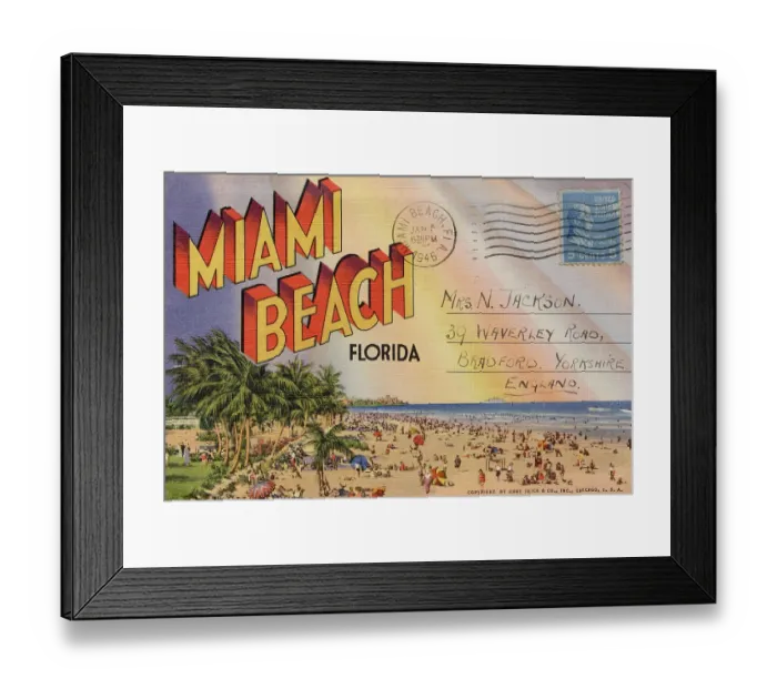Framed Print : Miami Beach, Florida, USA Note of interest: sent by Harold Jackson of the RAF Band from RAF Delegation HQ, Washington DC, USA, to Mrs N Jackson in Bradford, Yorkshire Framed Print : Miami Beach, Florida, USA Note of interest: sent by Harold Jackson of the RAF Band from RAF Delegation HQ, Washington DC, USA, to Mrs N Jackson in Bradford, Yorkshire