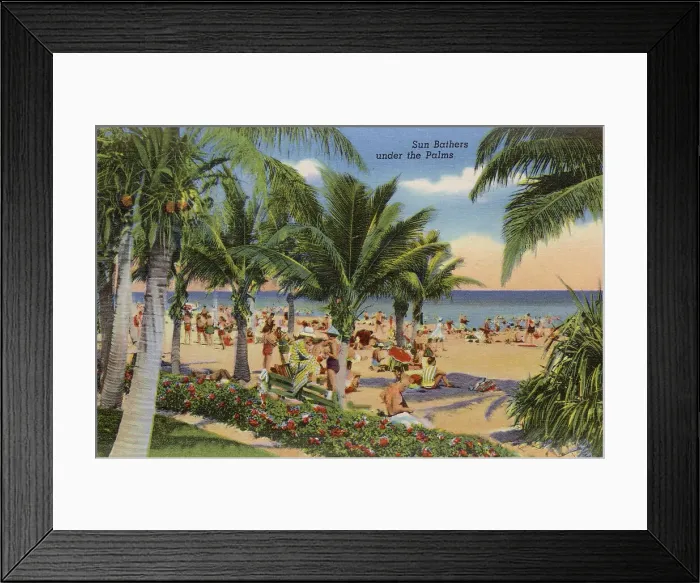 Framed Print : Sunbathers under the palm trees on Miami Beach, Florida, USA Date: 1941 Framed Print : Sunbathers under the palm trees on Miami Beach, Florida, USA Date: 1941
