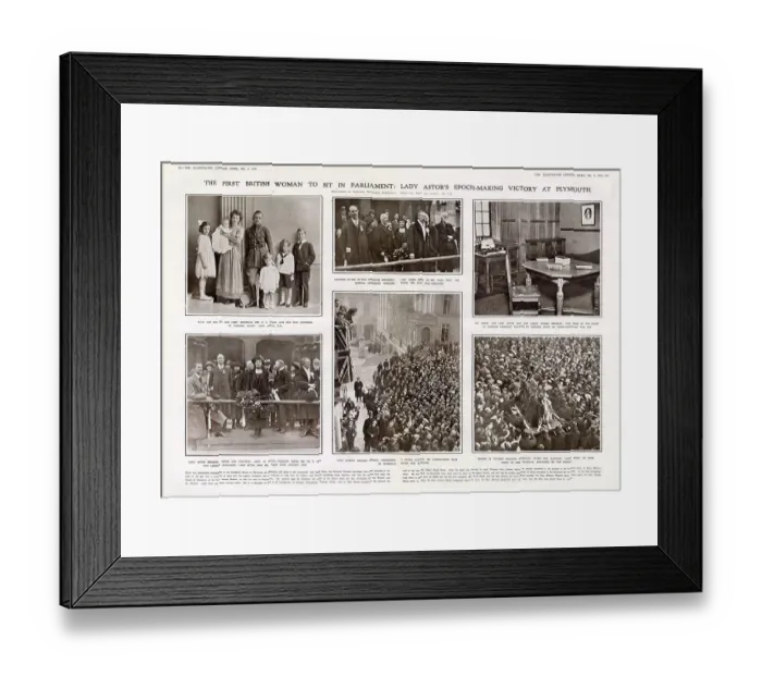 Framed Print : The First British Woman Member of Parliament (MP) - Lady Astor - scenes of her triumph and life outside politics. Date: 1919 Framed Print : The First British Woman Member of Parliament (MP) - Lady Astor - scenes of her triumph and life outside politics. Date: 1919