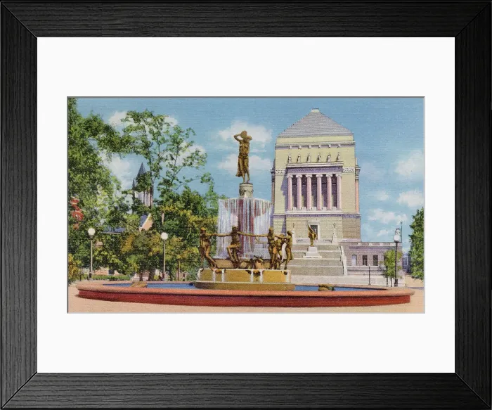 Framed Print : De Pew Fountain in University Park, Indianapolis, Indiana, USA, with Indiana World War Memorial in the background Date: 1936 Framed Print : De Pew Fountain in University Park, Indianapolis, Indiana, USA, with Indiana World War Memorial in the background Date: 1936
