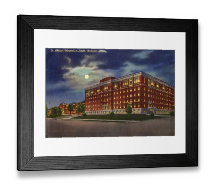 Framed Print : Rochester, Minnesota, USA, St Mary's Hospital at night Date: 1934 Framed Print : Rochester, Minnesota, USA, St Mary's Hospital at night Date: 1934