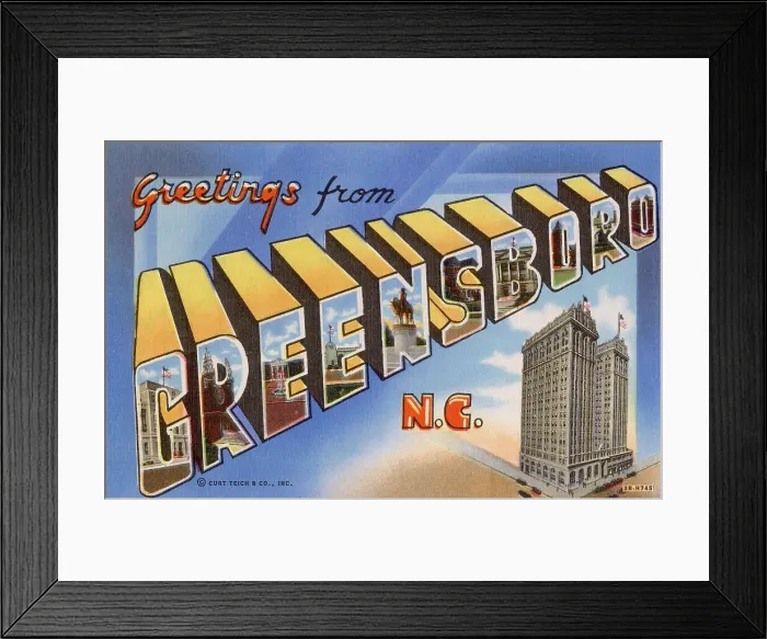 Framed Print : Greetings from Greensboro, North Carolina, USA Date: 1943 Framed Print : Greetings from Greensboro, North Carolina, USA Date: 1943