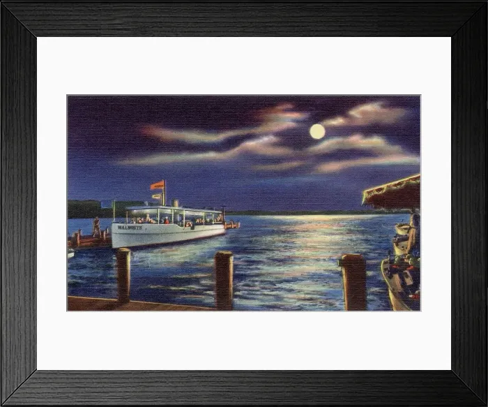 Framed Print : Moonlight on Lake Geneva, Wisconsin, USA, from recreation building Date: 1936 Framed Print : Moonlight on Lake Geneva, Wisconsin, USA, from recreation building Date: 1936
