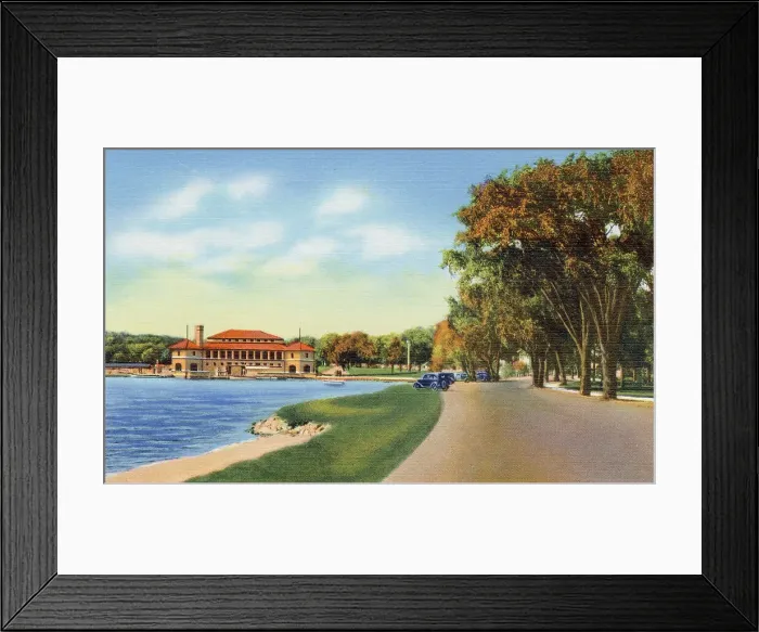 Framed Print : Lake Shore Drive near park and picnic grounds, Lake Geneva, Wisconsin, USA Date: 1936 Framed Print : Lake Shore Drive near park and picnic grounds, Lake Geneva, Wisconsin, USA Date: 1936