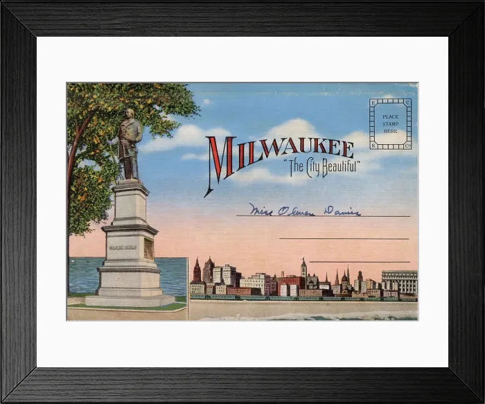 Framed Print : Milwaukee, Wisconsin, USA - The City Beautiful, with a statue of Solomon Juneau Date: circa 1940 Framed Print : Milwaukee, Wisconsin, USA - The City Beautiful, with a statue of Solomon Juneau Date: circa 1940