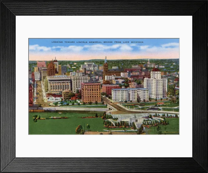 Framed Print : Aerial view of Milwaukee, Wisconsin, USA - looking toward Lincoln Memorial Bridge from Lake Michigan Date: circa 1940 Framed Print : Aerial view of Milwaukee, Wisconsin, USA - looking toward Lincoln Memorial Bridge from Lake Michigan Date: circa 1940