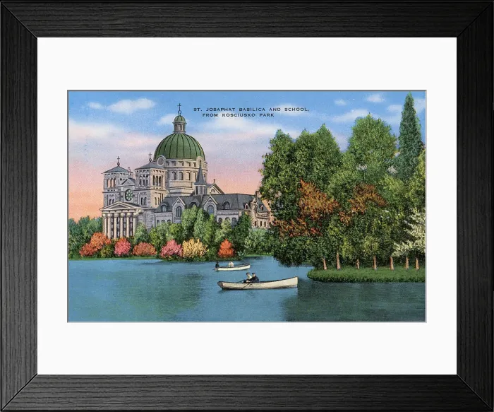 Framed Print : St Josaphat Basilica and School, viewed from Kosciusko Park, Milwaukee, Wisconsin, USA Date: circa 1940 Framed Print : St Josaphat Basilica and School, viewed from Kosciusko Park, Milwaukee, Wisconsin, USA Date: circa 1940