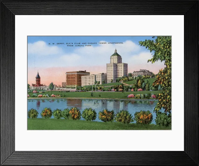 Framed Print : NW Depot, Elk's Club and Cudahy Tower Apartments, viewed from Juneau Park, Milwaukee, Wisconsin, USA Date: circa 1940 Framed Print : NW Depot, Elk's Club and Cudahy Tower Apartments, viewed from Juneau Park, Milwaukee, Wisconsin, USA Date: circa 1940