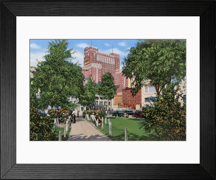 Framed Print : Schroeder Hotel, viewed from Fourth Ward Park, Milwaukee, Wisconsin, USA Date: circa 1940 Framed Print : Schroeder Hotel, viewed from Fourth Ward Park, Milwaukee, Wisconsin, USA Date: circa 1940