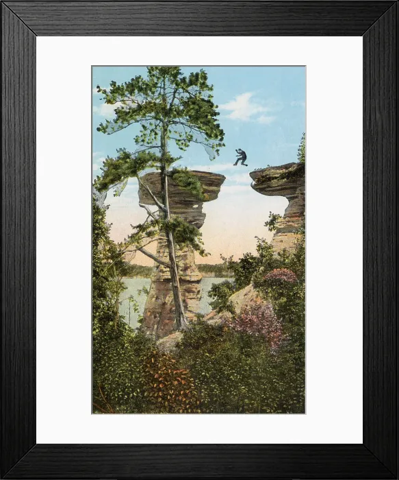 Framed Print : Stand Rock, Wisconsin River, Wisconsin, USA (a small jumping figure appears to have been drawn on by hand) Date: 1932
