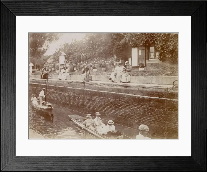 Framed Print : People boating on a canal, with spectators above them, possibly in Oxfordshire Date: circa 1890 Framed Print : People boating on a canal, with spectators above them, possibly in Oxfordshire Date: circa 1890