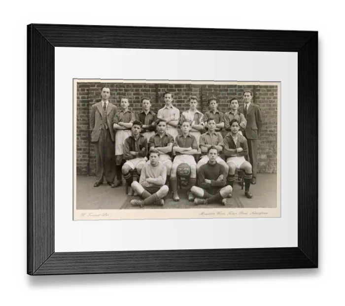 Framed Print : Football Team, Cook's Ground, 1948-1949 - the tall man (top left) is identified as Reg Pearce Date: 1948-1949 Framed Print : Football Team, Cook's Ground, 1948-1949 - the tall man (top left) is identified as Reg Pearce Date: 1948-1949