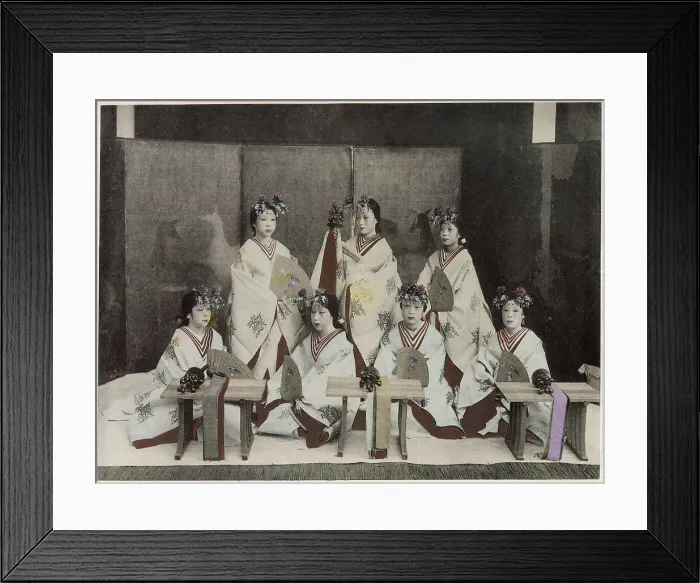 Framed Print : Japanese virgins who dance in a shrine to entertain the god Date: circa 1890s Framed Print : Japanese virgins who dance in a shrine to entertain the god Date: circa 1890s