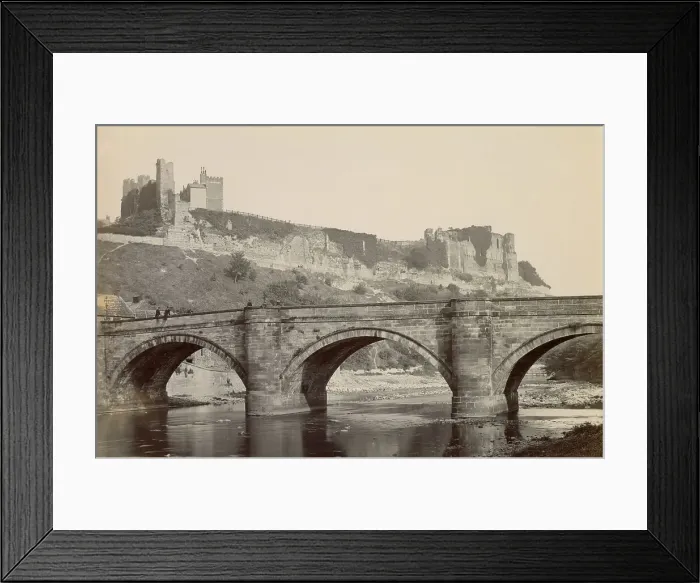 Framed Print : Bridge over a river, with ruined castle above, North Wales Date: circa 1889 Framed Print : Bridge over a river, with ruined castle above, North Wales Date: circa 1889