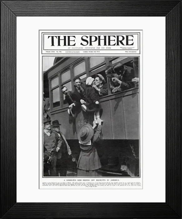 Framed Print : Front cover of The Sphere, showing recruited Americans saying good-bye to their families on the railway platform, ready for their journey across the Atlantic. Date: October 1917 Framed Print : Front cover of The Sphere, showing recruited Americans saying good-bye to their families on the railway platform, ready for their journey across the Atlantic. Date: October 1917