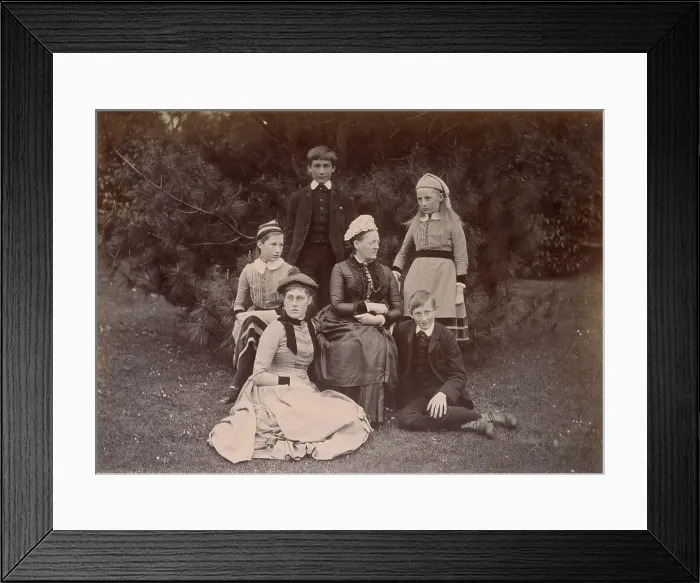 Framed Print : Woolfe family of The Clough, Hale, Bucklow, Cheshire - from left: Lily, Lucy (below), Carl (standing), Amy (standing), Bob (below). With an unnamed woman seated at the centre of the group. Date: circa 1889