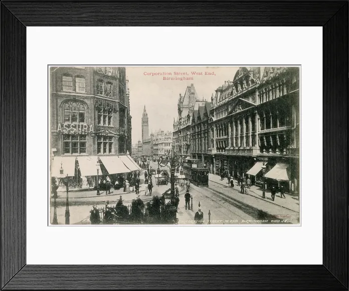 Framed Print : Corporation Street, Birmingham, West Midlands, with pedestrians and trams. Date: circa 1905 Framed Print : Corporation Street, Birmingham, West Midlands, with pedestrians and trams. Date: circa 1905