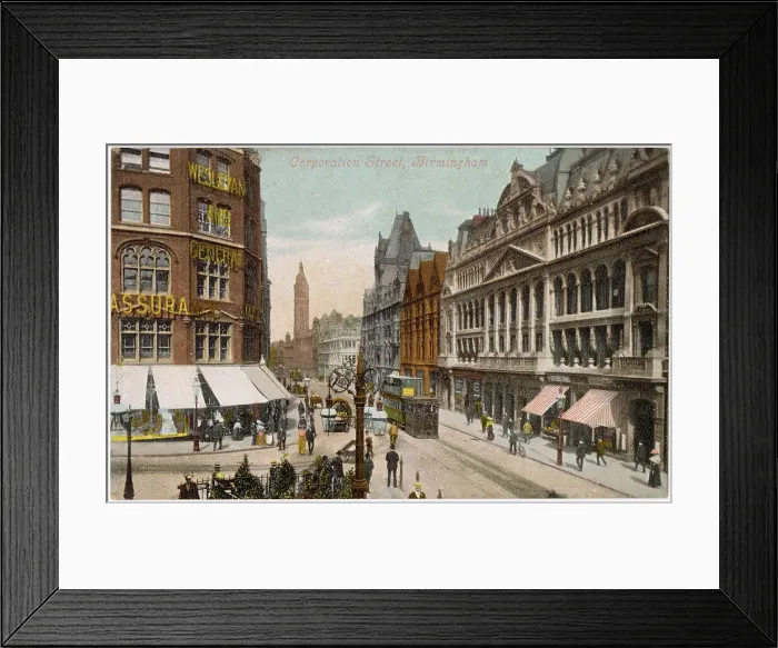 Framed Print : Corporation Street, Birmingham, West Midlands, with pedestrians and trams. Date: circa 1905 Framed Print : Corporation Street, Birmingham, West Midlands, with pedestrians and trams. Date: circa 1905