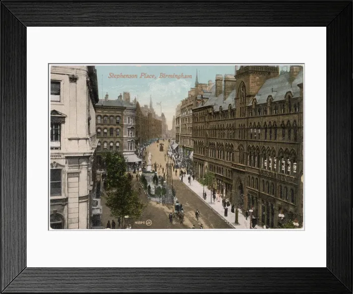 Framed Print : Aerial view of Stephenson Place, Birmingham, West Midlands, with Exchange building and Bowater on the right, and a mobile ladder for use with lampposts. Date: circa 1905 Framed Print : Aerial view of Stephenson Place, Birmingham, West Midlands, with Exchange building and Bowater on the right, and a mobile ladder for use with lampposts. Date: circa 1905