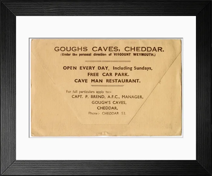Framed Print : Lettercard, Gough's Caves, Cheddar, Somerset, under the personal direction of Viscount Weymouth, Date: circa 1930 Framed Print : Lettercard, Gough's Caves, Cheddar, Somerset, under the personal direction of Viscount Weymouth, Date: circa 1930