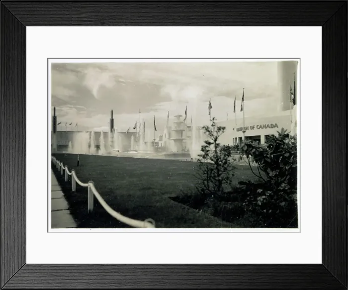 Framed Print : Dominion of Canada Pavilion, Empire Exhibition, Glasgow, Scotland, with fountains on the left. Date: 1938 Framed Print : Dominion of Canada Pavilion, Empire Exhibition, Glasgow, Scotland, with fountains on the left. Date: 1938