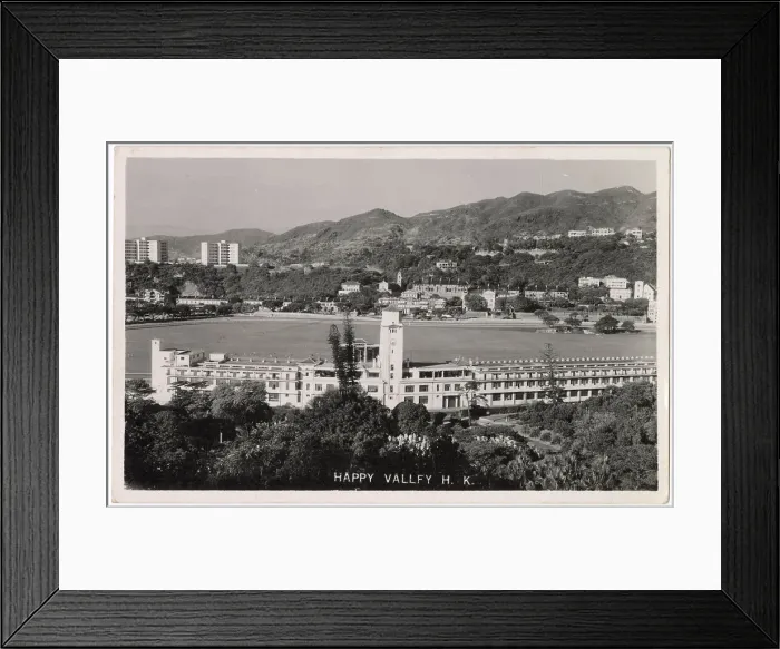 Framed Print : Happy Valley racecourse, Hong Kong, China, with grandstand and clock tower. Date: circa 1950 Framed Print : Happy Valley racecourse, Hong Kong, China, with grandstand and clock tower. Date: circa 1950