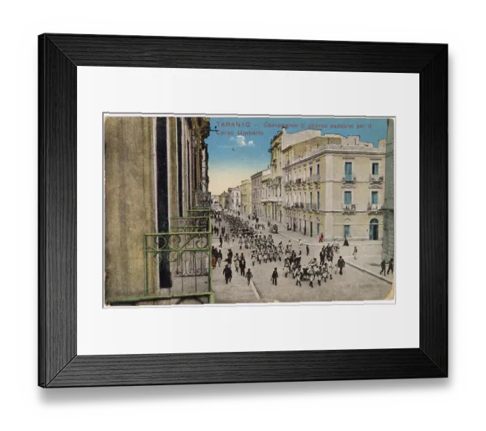 Framed Print : Corso Umberto, Taranto, Southern Italy, with a company of soldiers marching down the street. Date: circa 1919 Framed Print : Corso Umberto, Taranto, Southern Italy, with a company of soldiers marching down the street. Date: circa 1919