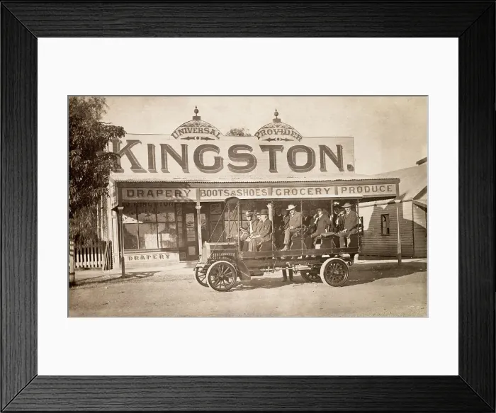 Framed Print : Kingston General store in Gordon Street, Aramac, Queensland, Australia. The vehicle is a charabanc which apparently ran between Aramac and Barcaldine. Date: 1910 Framed Print : Kingston General store in Gordon Street, Aramac, Queensland, Australia. The vehicle is a charabanc which apparently ran between Aramac and Barcaldine. Date: 1910