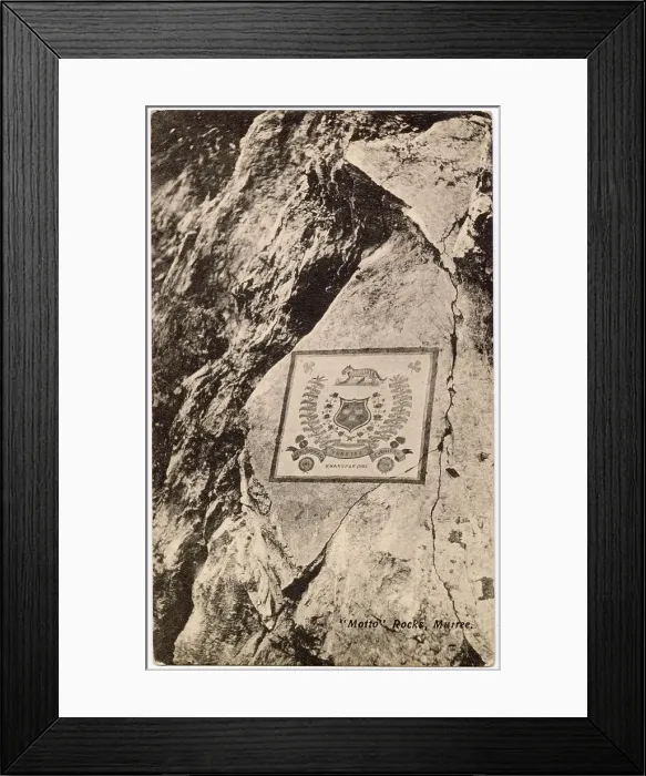 Framed Print : Motto Rocks memorial, Murree Hills, British India (Pakistan) - 1st Battalion Royal Munster Fusiliers, Khanspur, 1905, battle honours artwork. Date: circa 1905 Framed Print : Motto Rocks memorial, Murree Hills, British India (Pakistan) - 1st Battalion Royal Munster Fusiliers, Khanspur, 1905, battle honours artwork. Date: circa 1905