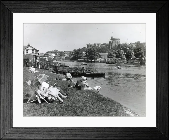 Framed Print : People on the riverbank near Windsor Castle, Berkshire Date: circa 1960s Framed Print : People on the riverbank near Windsor Castle, Berkshire Date: circa 1960s