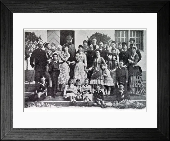 Framed Print : Large group photograph of members of the Danish family. Alexandra, Prince of Wales later Queen consort, Alexandra of Denmark (centre) with her family, including her father Christian IX of Denmark (left) at Frederiksborg, Denmark. Date: 1888 Framed Print : Large group photograph of members of the Danish family. Alexandra, Prince of Wales later Queen consort, Alexandra of Denmark (centre) with her family, including her father Christian IX of Denmark (left) at Frederiksborg, Denmark. Date: 1888