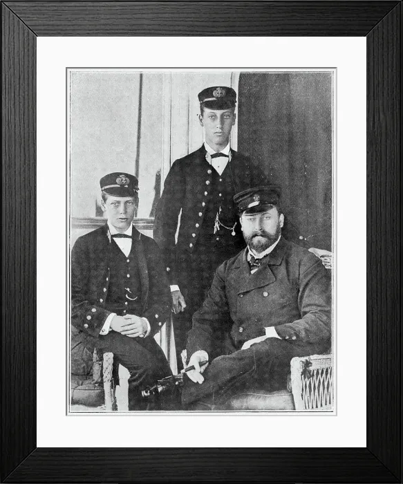Framed Print : Albert Edward, Prince of Wales (later Edward VII) visiting his two eldest sons when they were serving for three years on board the H.M.S. Bacchante. (middle) Prince Albert Victor and Prince George (later George V). Date: May 1880 Framed Print : Albert Edward, Prince of Wales (later Edward VII) visiting his two eldest sons when they were serving for three years on board the H.M.S. Bacchante. (middle) Prince Albert Victor and Prince George (later George V). Date: May 1880