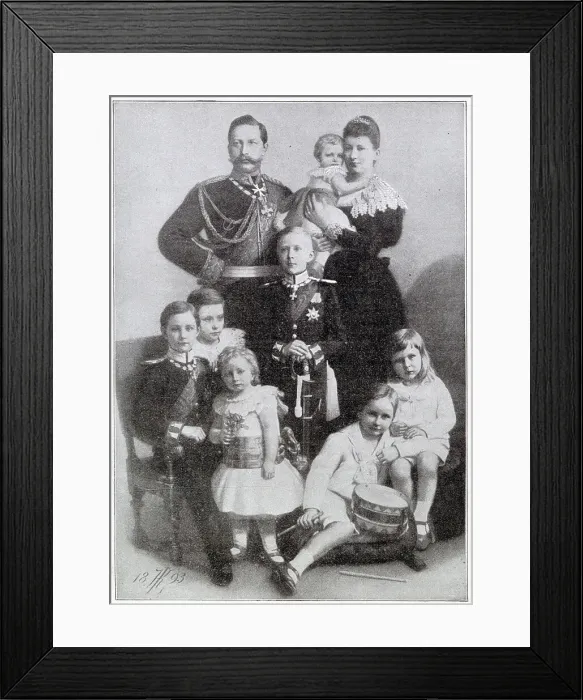 Framed Print : Prince Friedrich Wilhelm of Prussia (later Wilhelm II, German Emperor) with his wife Augusta Victoria of Schleswig-Holstein and their seven children. Painted by order of the Emperor for Queen Victoria's Birthday. Date: 1893 Framed Print : Prince Friedrich Wilhelm of Prussia (later Wilhelm II, German Emperor) with his wife Augusta Victoria of Schleswig-Holstein and their seven children. Painted by order of the Emperor for Queen Victoria's Birthday. Date: 1893
